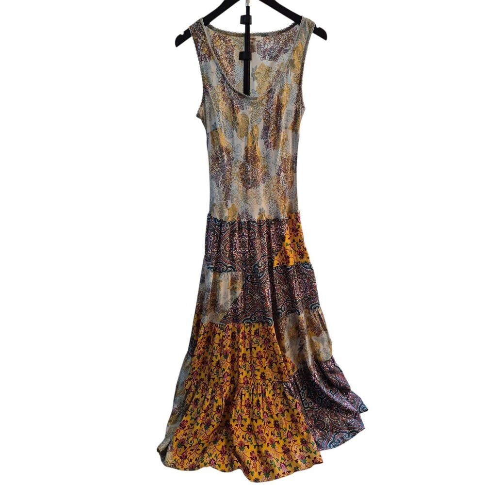 Sundance Untamed Spirit M 100% Silk Maxi Dress Tiered Patchwork Boho Luxury